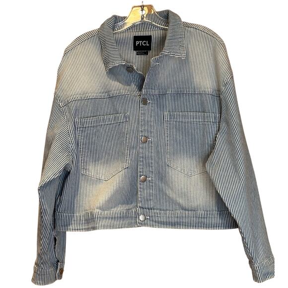 Women's PTCL Pinstriped Jean Denim Jacket, Blue Size Large, EUC - Picture 1 of 5